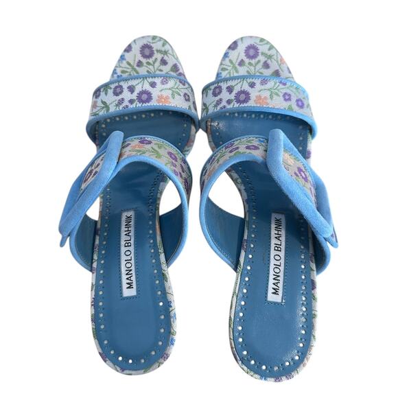 Manolo Blahnik Floral Blue Gable Buckle High Heel Sandal Mule 37 - Picture 5 of 11